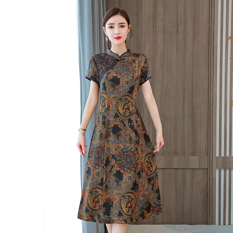 

2023 New Fashion Silk Mulberry Silk Dress Women's Chinese Style Waist Wrapped Loose Fit Leisure Party Banquet Dress Vestidos