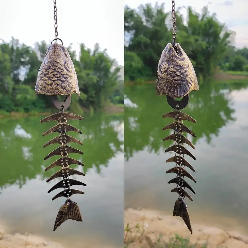 Wind Chime Cast Iron Retro Fish Skeleton Windchime Patio Fish Bone Design Wind Chimes For Outside Garden Decor Accessories