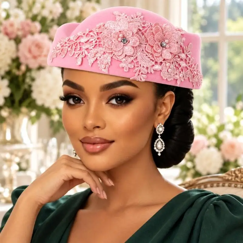 Decorative Hat with a Close Brimless Profile, Flower Appliques and Faceted Accents for Commuting and Daily Outings