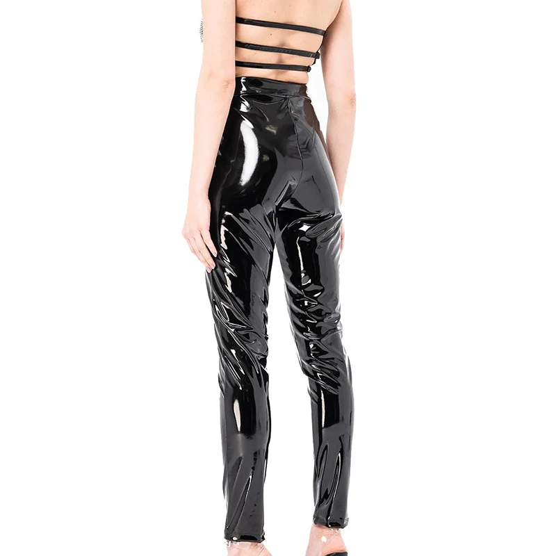 Women High Waist Faux Latex Pants Front Zip Splicing Trousers Ladies Stretch PVC Patent Leather Pencil Pants Streetwear Custom