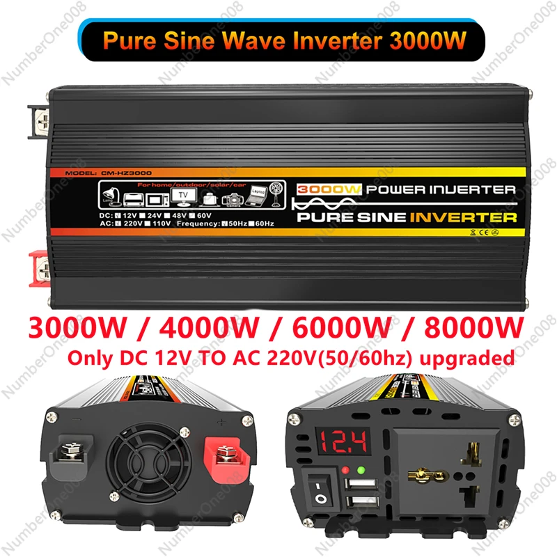 3000W-12000W Pure Sine Wave DC1-60V To AC 110/220V Power Inverter Intelligent Digital Display Inverter Converter for Car Outdoor