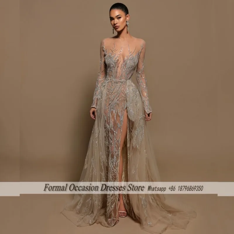 

Sexy Evening Dresses With Detachable Train Sequin Applique Wedding Guest Dress Long Sleeve Pearls Mermaid Prom Gowns Customized