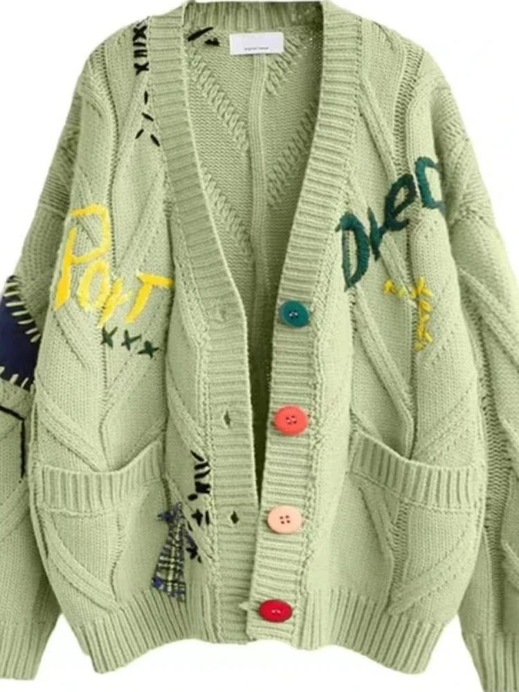 Maglione cardigan da donna con scollo a V in maglia spessa High Street patchwork ricamato invernale Cardigan monopetto per abbigliamento donna