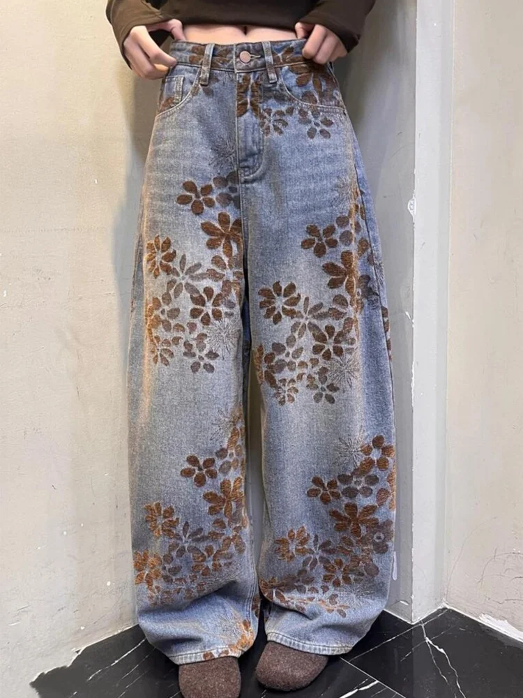 

Retro Chinese Style High Waist Flared Denim Jeans Women's Spring Design Embroidered Slimming Wide Leg Pants Casual Wear