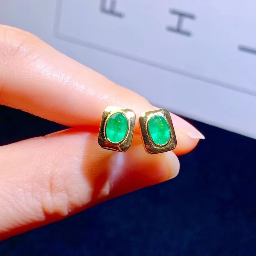 Classic Silver Stud Earrings 4mm*6mm Natural Emerald Earrings with 3 Layers Gold Plating Antiallergic 925 Silver Emerald Jewelry