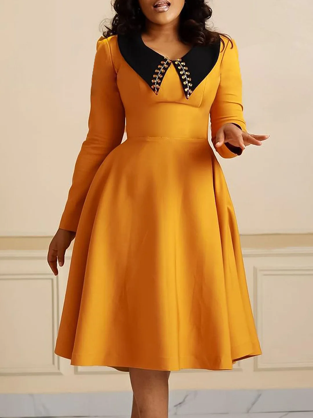 

Fashion solid color new women's long-sleeved lapel elegant slim swing casual dress