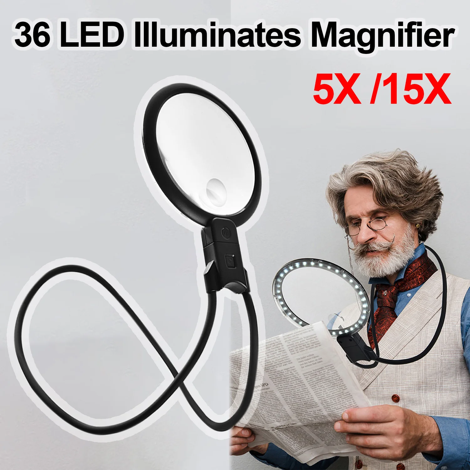 5X/15X lupa na szyję akumulatorowa lupa 36 diod LED znaki dłoni szkło powiększające do czytania szycie i rzemiosła