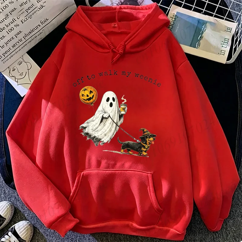 Off To Walk My Weenie Print Men's Hoodies Dachshund Ghost Halloween Sweatshirts Autumn Winter Women Hooded Hoody Sportwear Gifts