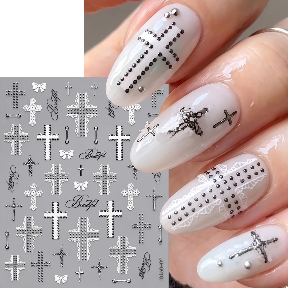 1Pcs 5D Silver Black Rivet Lace Cross Nail Sticker Y2k Punk Cross-shaped Gothic English Letters Self-adhesive Nail Decal DIY Dec