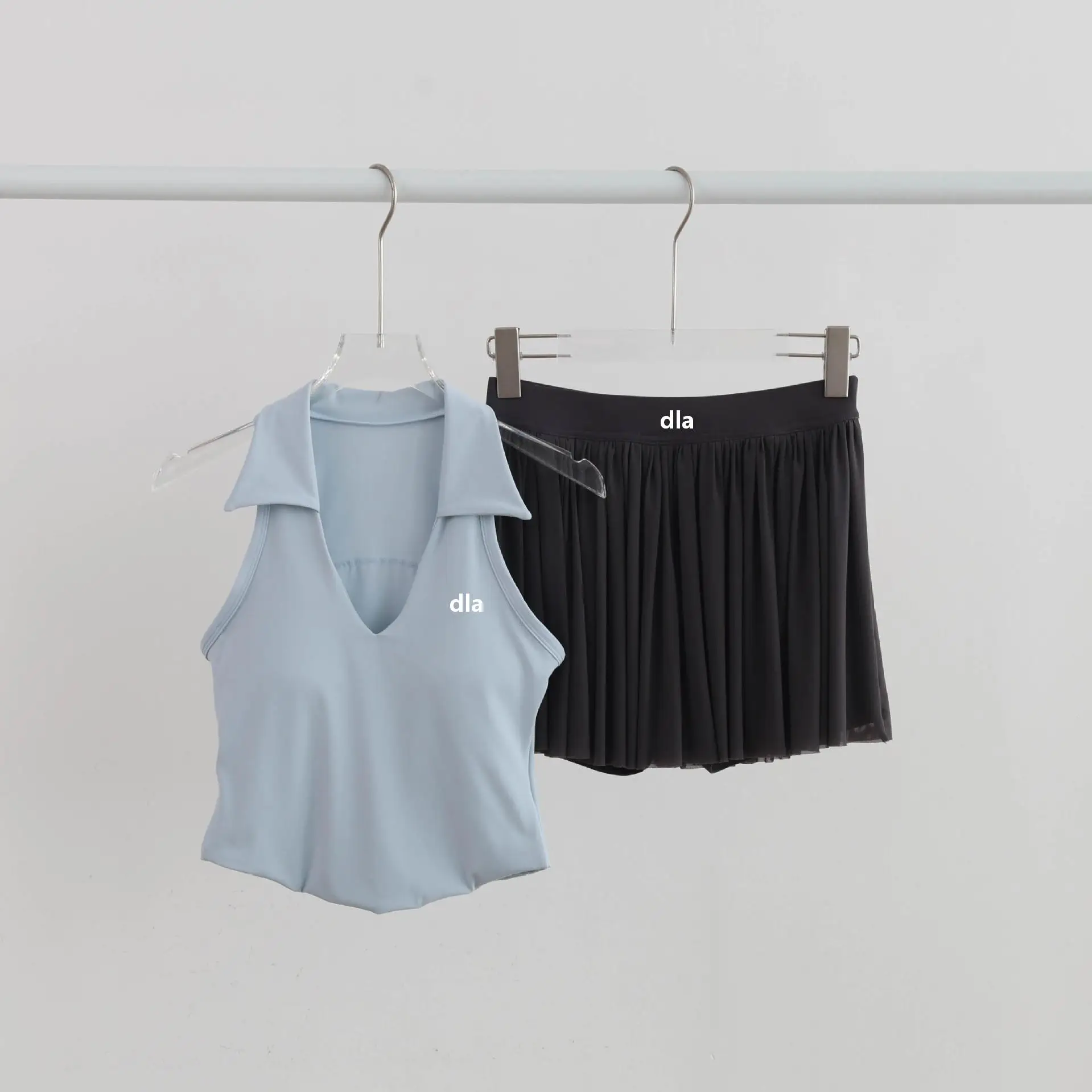 Yoga set for women - new summer style with turned-up collar and padded chest - sporty top with soft drape and yoga skirt set.