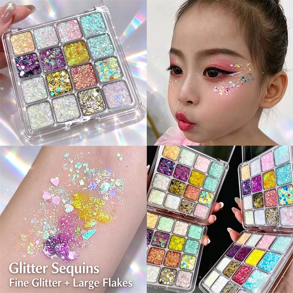 16-Color Bling Jelly Eye Shadow Palette Heart Sequin Glitter Pumpkin/Purple/Cherry/Blue/Gold Shade Stage Performance Make up