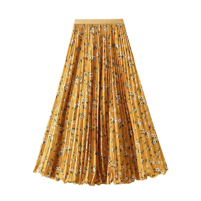 New 2026 Spring Summer Women Pleated Floral High Waist A-line Large Hem Long Skirt Female Sweet Elegant Skirt
