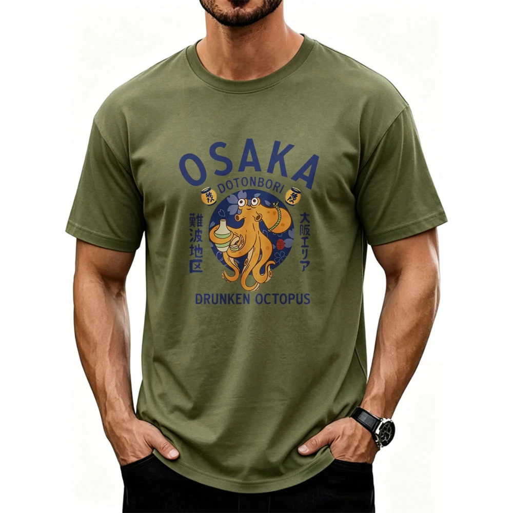 Vintage Distressed OSAKA DOTONBORI Drunken Octopus Japanese Kanji Cotton Tshirt Retro Food Streetwear Loose Unisex Daily Tee Top