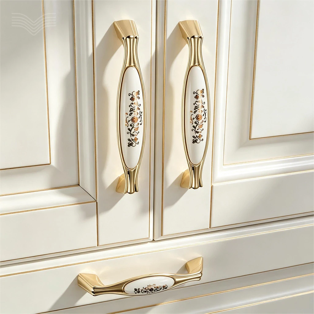 Vintage Gold Ceramic Cabinet Pull Handles, European Country Style Drawer Knobs, Antique Retro Door Pulls for Wardrobe Cupboard