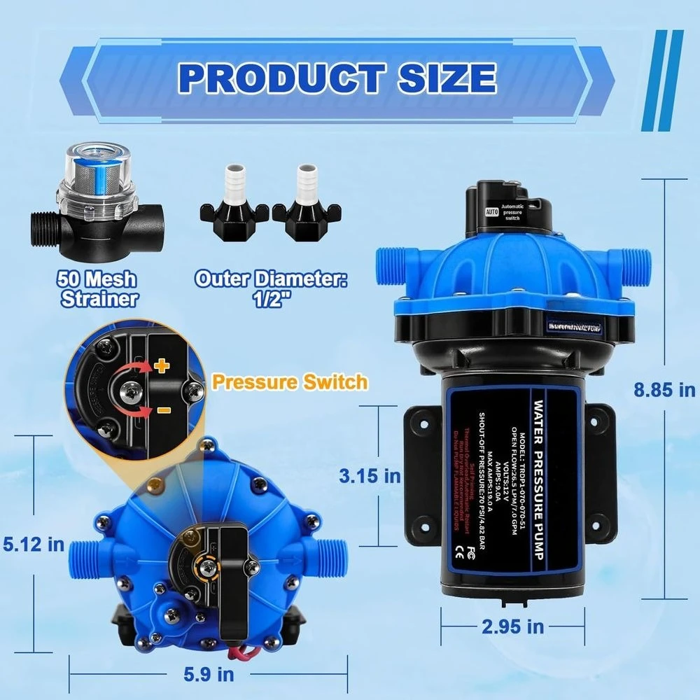 12V 7.0 GPM 70 PSI Diaphragm Pump, 5-Chamber Self-Priming for RV, Marine, Yacht, and Pressure Wash - 1/2 MNPT