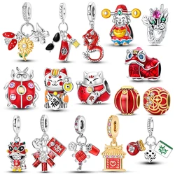 925 Sterling Silver Dragon&Lucky Cat&Lion Dance&God of Wealth&Lucky Bag Charm Fit Brand Bracelet Chinese New Year Gift