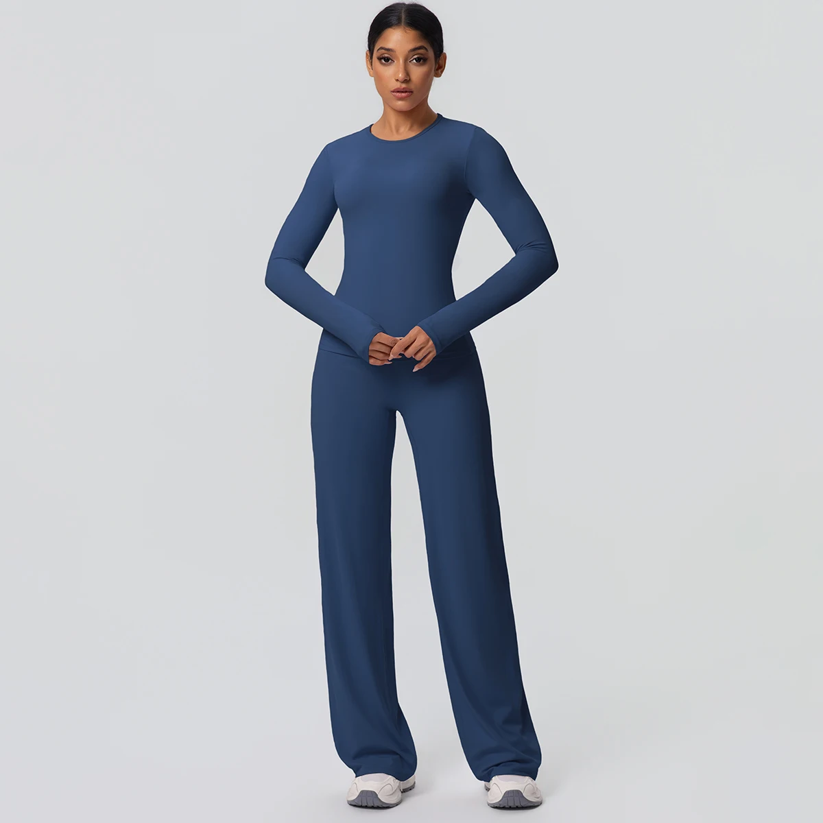 2 stück Frauen Gym Yoga Set Lauf Shirts Schlank Lange Ärmel Workout Top Schnell Trocknend Hohe Stretch Breite Bein Hosen dünne Yoga Set – Detail 19