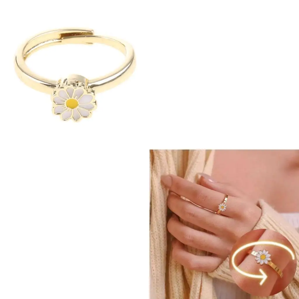 91AF FlowerMeditation Ring Anxiety Rotatable Relieve Stress for Wife Adjustable