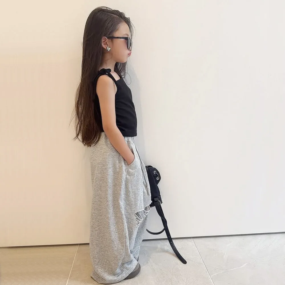 Parent Child Outfit Japanese Spring/summer Boys' Loose Wide Leg Pants Girls' Drawstring Ripped Casual Korean Version Long Pants