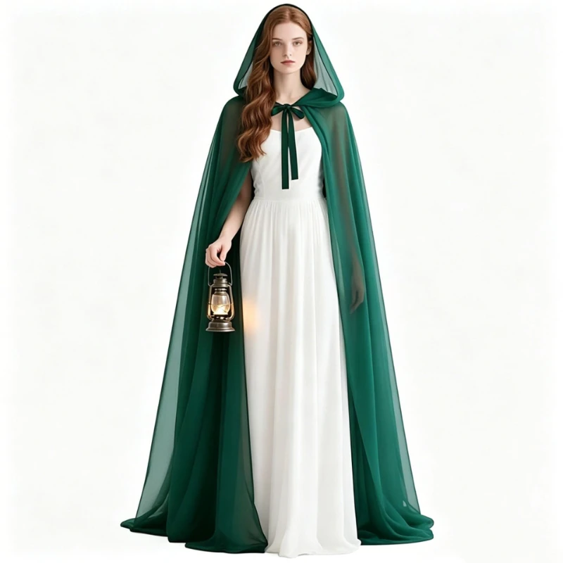 Black Sheer Tulle Hooded Cape, Long Flowing Cloak with Neck Tie Closure, Gothic Witch Cosplay Wrap for Halloween Party Dress‑up view 5