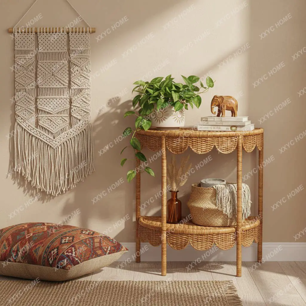 

Natural rattan semi-round table, living room entrance against the wall, storage corner cabinet, natural wind, decorative cabinet
