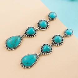 New European and American Retro Turquoise Inlaid Long Geometric Earrings With eExaggerated Personality and Water Drop Earrings