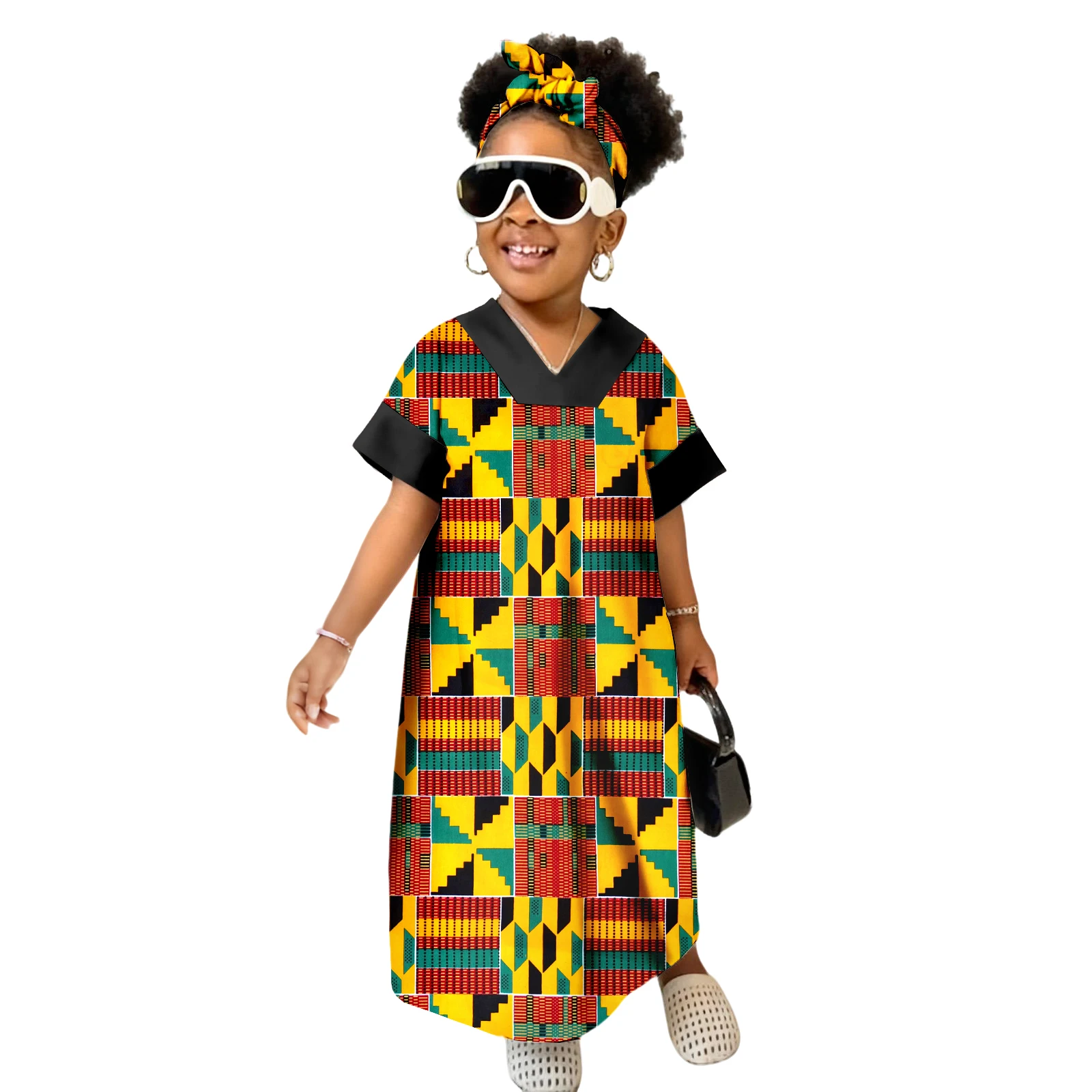 فستان أفريقي للأطفال الصغار للفتيات Dashiki Outfit Kente ملابس مطبوعة فستان أنقرة طويل للحفلات #3