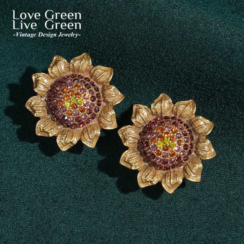 

Vintage Large Sunflower Stud Earrings For Women Colorful Rhinestone Antique Gold Plated Banquet Jewelry 2026 Elegant High Luxury