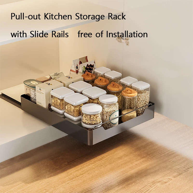 Drawer Type Kitchen Storage Rack with Slide Rails Pull-out Kitchen Storage Tray Spice Box Storage Rack Cabinets Organizer