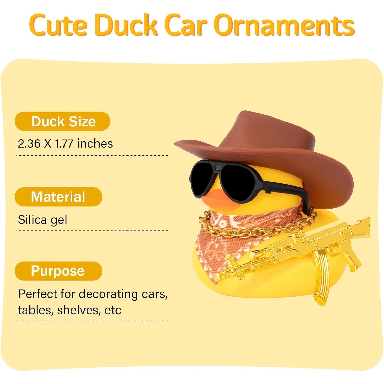 Cowboy-Ente mit Waffen, Auto-Armaturenbrett-Dekorationen, Gummi-Ente, Auto-Ornamente mit coolen Accessoires, Mini-Schwimmring, Sonnenhut, Sonnenbrille