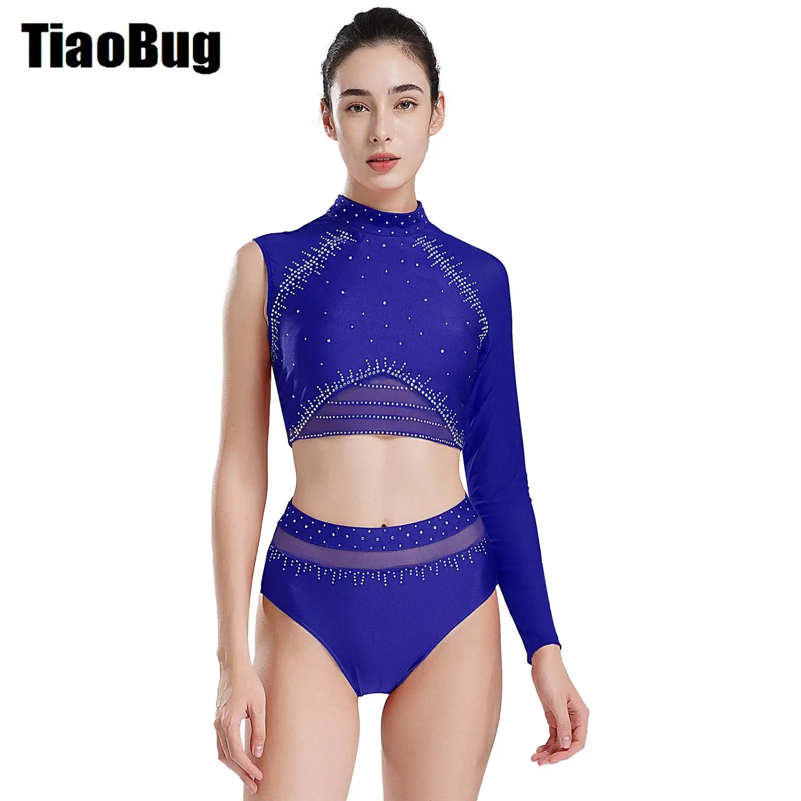 Womens Figure Skating Dance Sets Dancewear Backless Sheer Mesh Patchwork Shiny Rhinestones Crop Top with Briefs