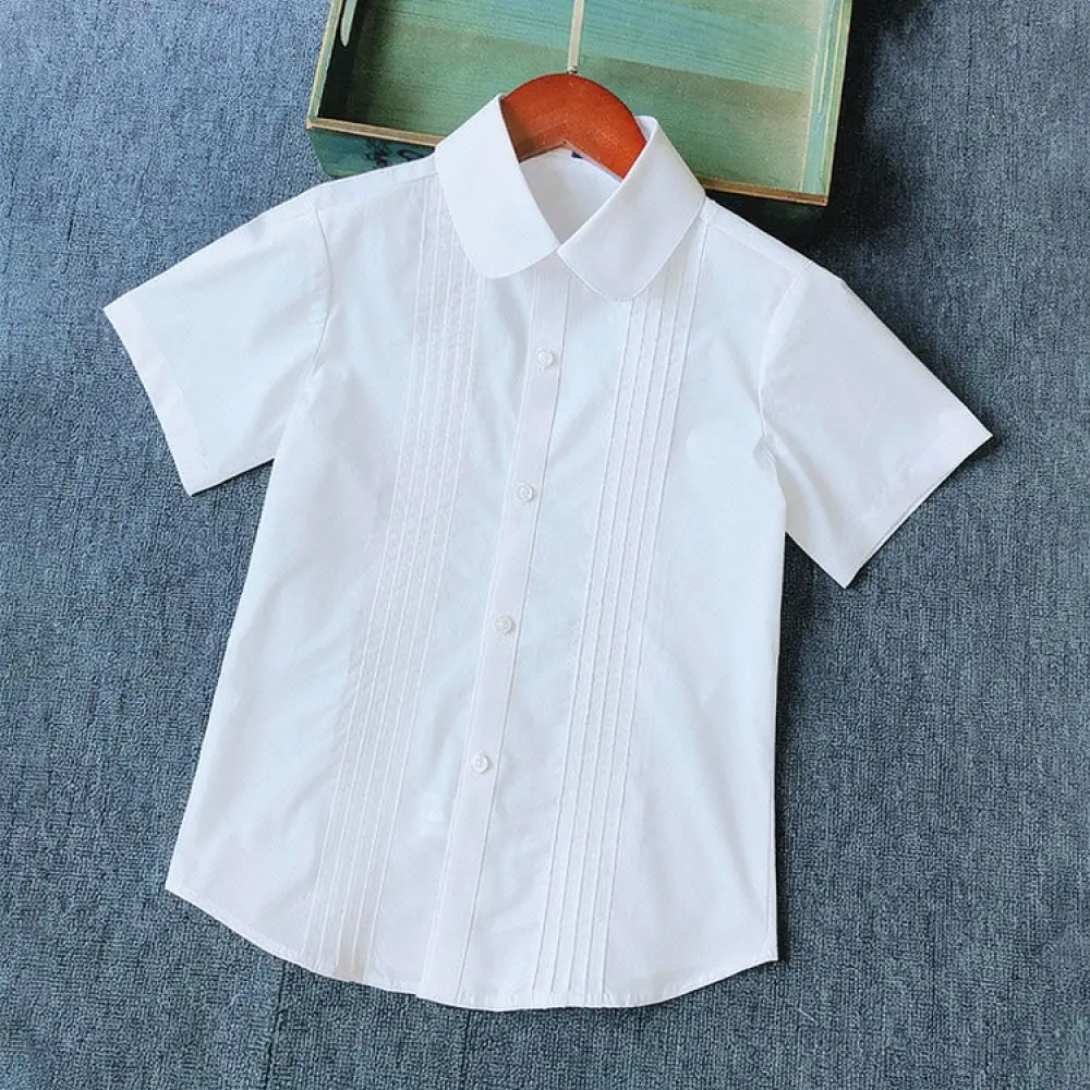 Kids White Short Sleeve Shirt Girls Pleated Peter Pan Collar Blouse Summer School Uniform Children Daily Casual Fashion Top