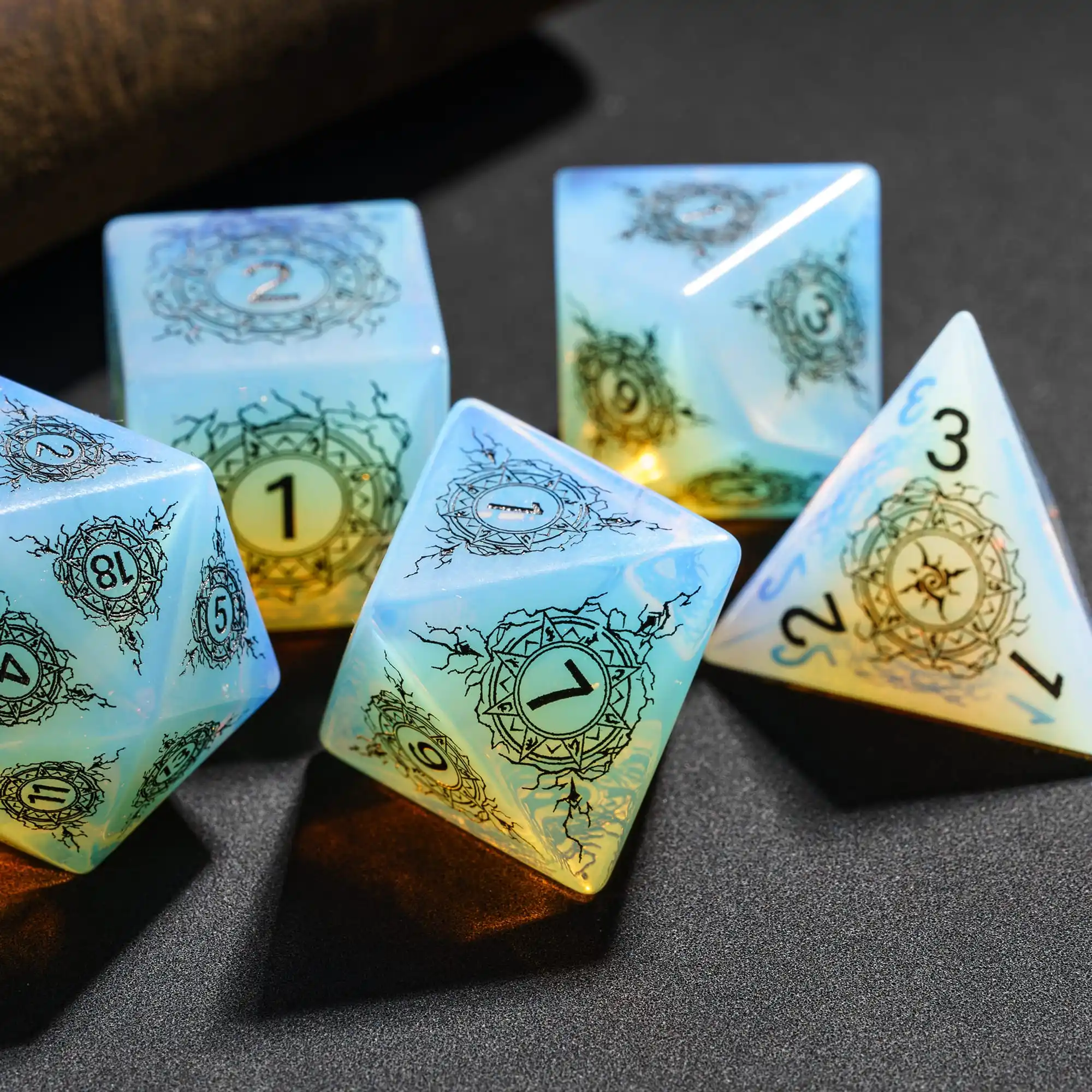 Cusdie Handmade Opal Stone Dice, 7Pcs 16mm Pattern Polyhedral Dice Set with Leather Box, Gemstone D&D Game Dices for Collection