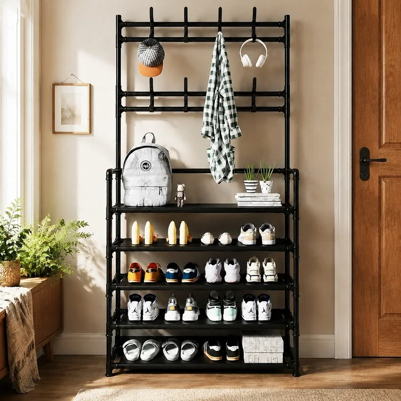 Multi-Level Metal Entryway Rack with 8 Hooks, 4/5-Tier Storage Shelf for Shoes, Coats, Hats, and Accessories