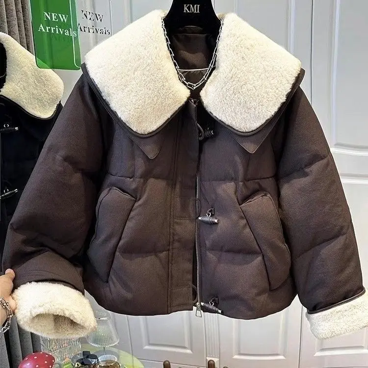 Women's Double-Layer Collar Down Cotton Jacket 2025 Winter New Fashion Lamb Wool Warm Slim-Fit Casual Coat
