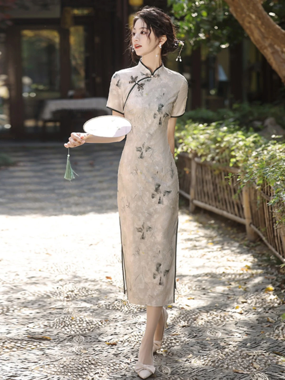 

Young Sle Long Revised Ele Vintage Walk ow Daily Wear Polyester Fiber ort Sve Floral Pattern