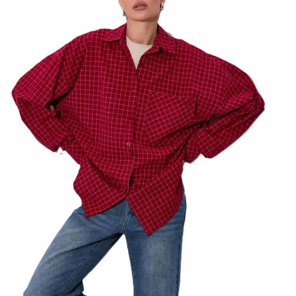 Women's Lapel Loose Button Cardigan Shirt Checkered Striped Long Sleeved Tops Suitable For Spring And Autumn