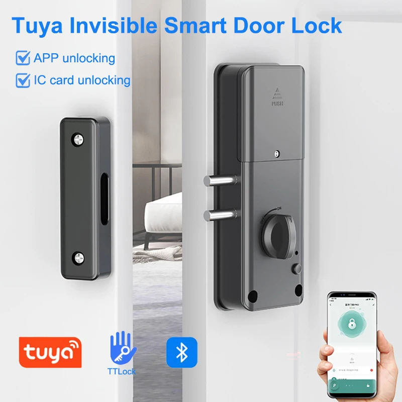 Home Tuya Smart Door Lock Handle Hidden Anti Theft Electronic Keyless Lock Security Entry IC Card Unlock For Wooden Door