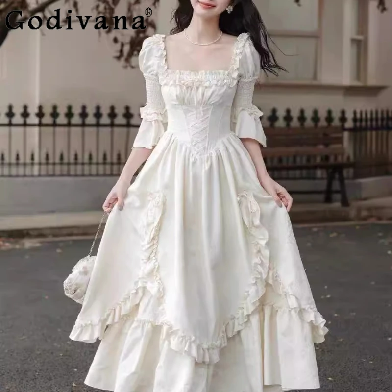 

Girl's Travel Princess Gown Dress French Retro Palace Style Design White Dress Women Lolita Runaway Princess Swing Dress