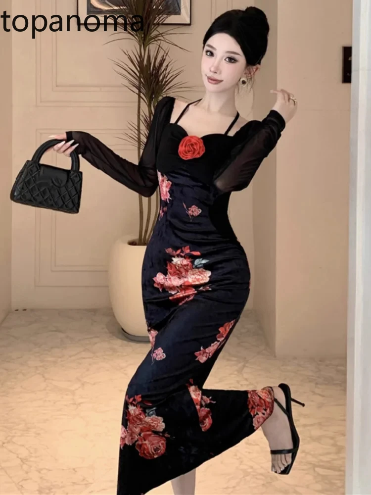 Topanoma Evening Dresses Women Vintage Sexy Flowers Velvet Patchwork Mesh Long Sleeve Square Collar Vintage Cocktail Dress Party