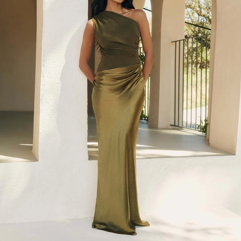 Luxuriöses, ärmelloses Satin-Wickelkleid mit Hüften, elegantes Damen-Sexy-Patchwork-dünnes Kleid 2025, lässiges, farbblockiertes Slash-Ausschnitt-Partykleid