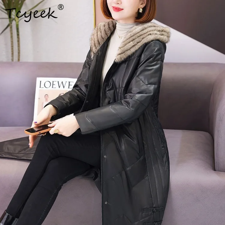 Tcyeek Sheepskin White Duck Down Hooded Black Medium Length Women's Genuine Leather Jacket Jaqueta De Couro Legítimo Feminina