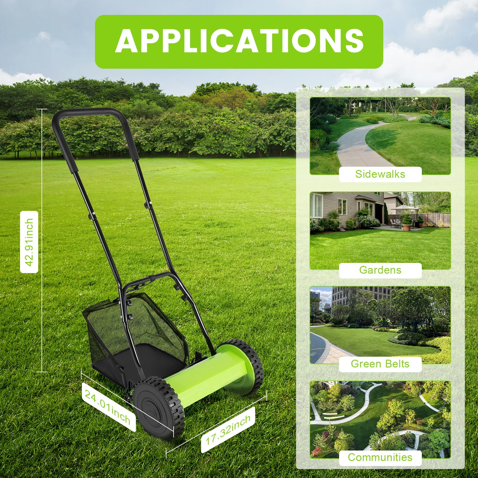 

5-Blade Manual Reel Push Lawn Mower Wheeled Walk-Behind Grass Cutter 12-Inch Adjustable-Height