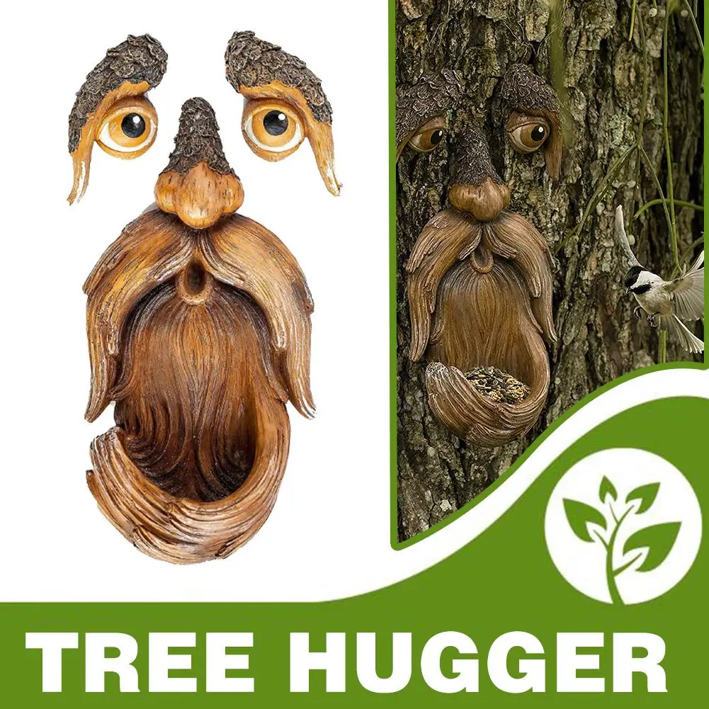 

Outdoor Tree Faces Decor - Large Hand-Painted Resin Craft with Funny Unique Design, Also Bird Feeder, Solves Plain Yard/Garden