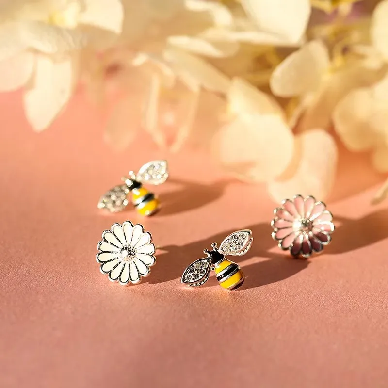 925 Sterling Silber Blumen bienen Ohr stecker für Frauen Geschenk hypo allergen Sterling silber-Schmuck verhindern Allergie – Detail 3