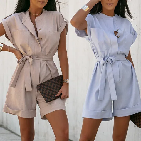 Rompers Jumpsuits Women One Piece Shorts Single Breasted Lace Up Round Collar Pockets Short Pants Summer Office Lady Playsuits