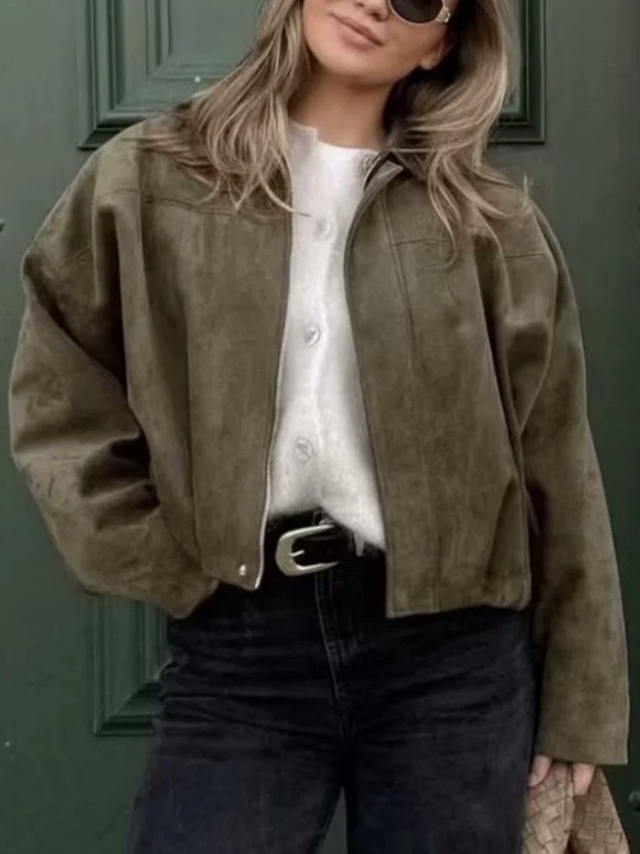 Vintage Suede Texture Bomber Jackets Women's Long Sleeve Loose Coats New Causal Autumn Winter Female Outerwear