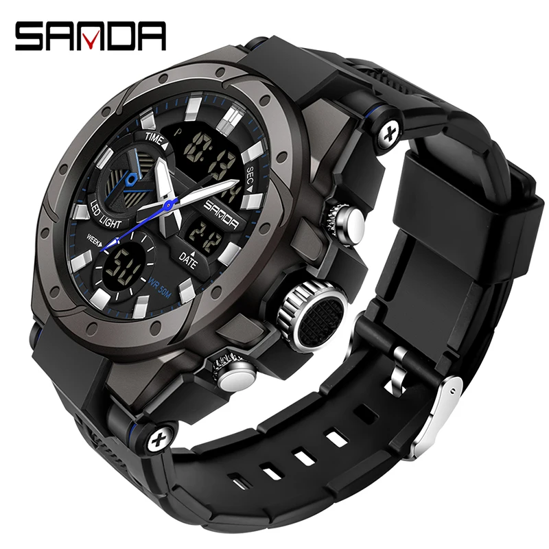 SANDA Top Brand Luxury Dual Display Men Sports Electronic Watch Outdoor Military G Style LED Digital Wristwatch 50M Waterproof