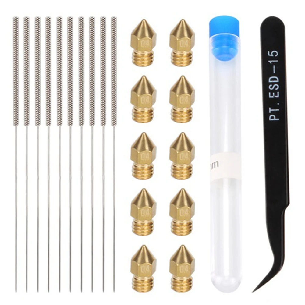 3D Printer Accessories Cleaning Kit with 10X0.4mm MK8 Hardened Steel Nozzle+10X0.4mm Cleaning Needle+Tweezers