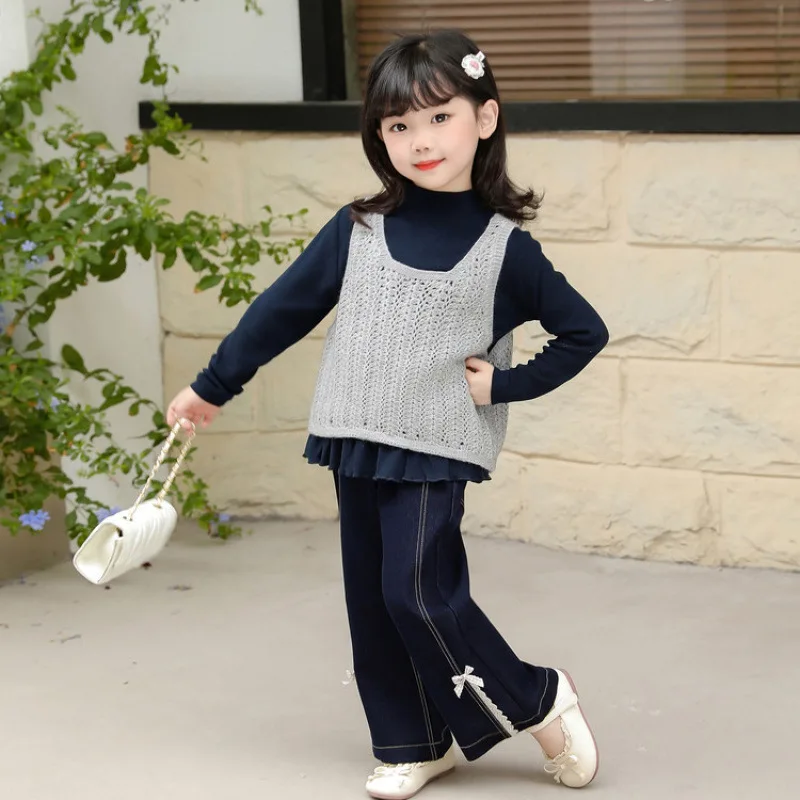 

Three-piece Set Micro-flared Pants Korean Grils Children Vest Autumn New Fashionable Casual Solid Sweet Cute Comfortable